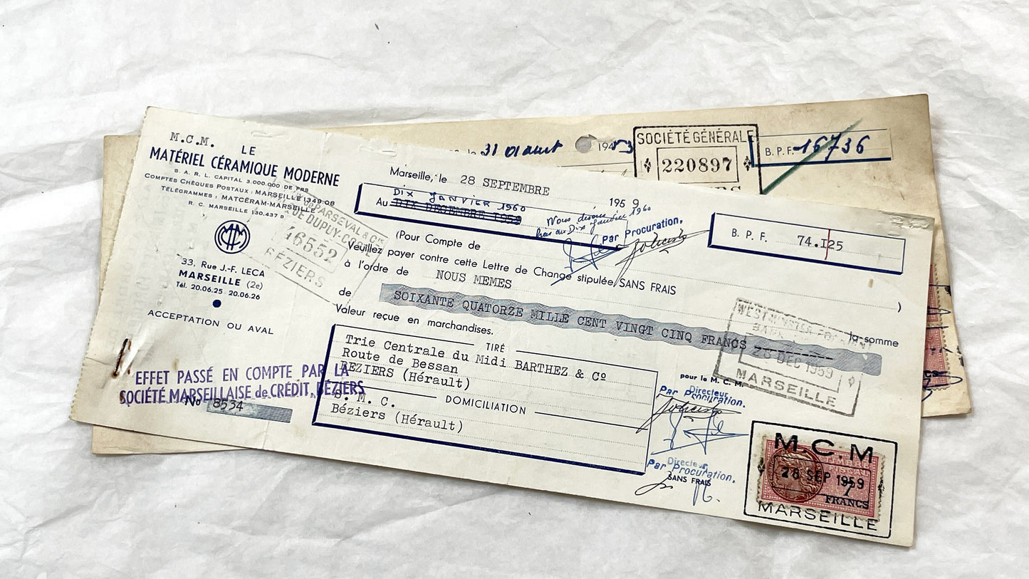 1950s - Lot of 6 Vintage French Bills of Exchange – Handwritten Commercial Documents with Stamps