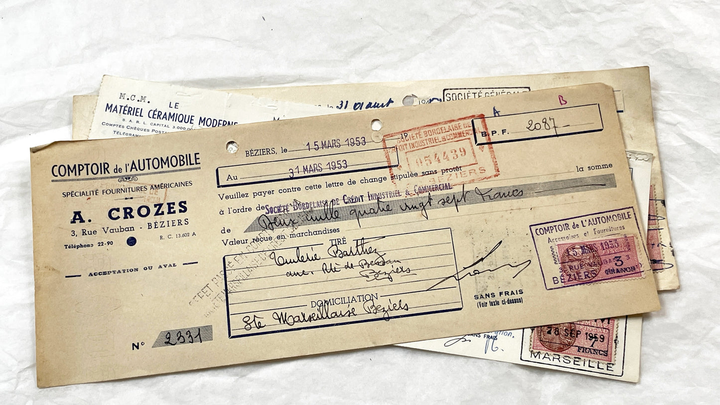 1950s - Lot of 6 Vintage French Bills of Exchange – Handwritten Commercial Documents with Stamps