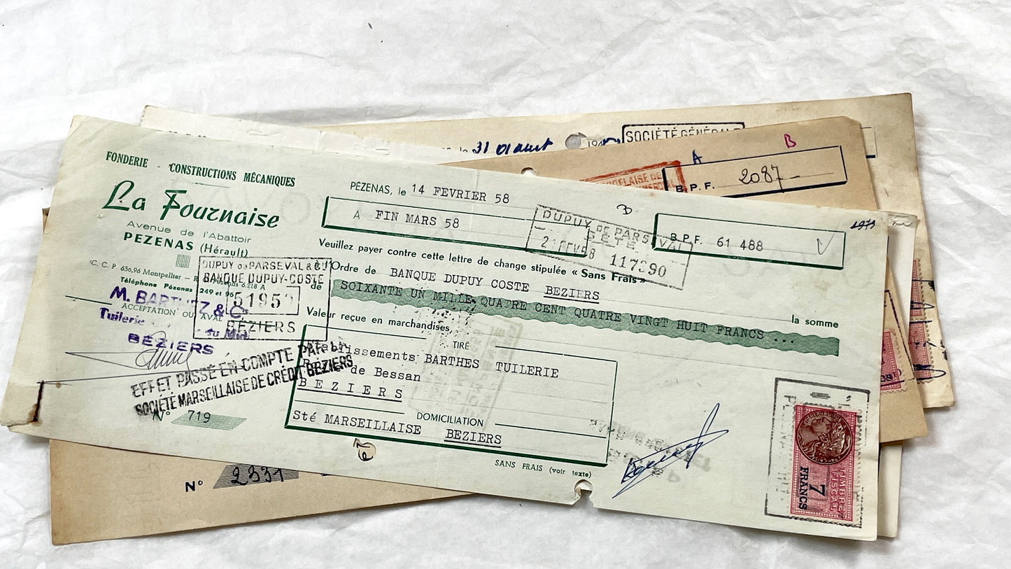 1950s - Lot of 6 Vintage French Bills of Exchange – Handwritten Commercial Documents with Stamps