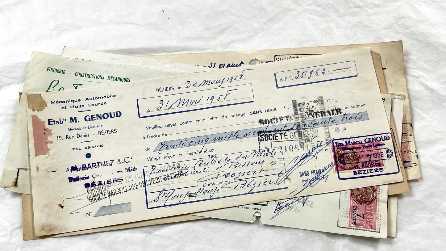 1950s - Lot of 6 Vintage French Bills of Exchange – Handwritten Commercial Documents with Stamps