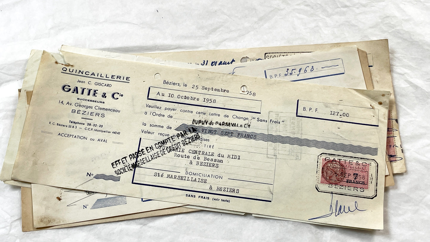 1950s - Lot of 6 Vintage French Bills of Exchange – Handwritten Commercial Documents with Stamps