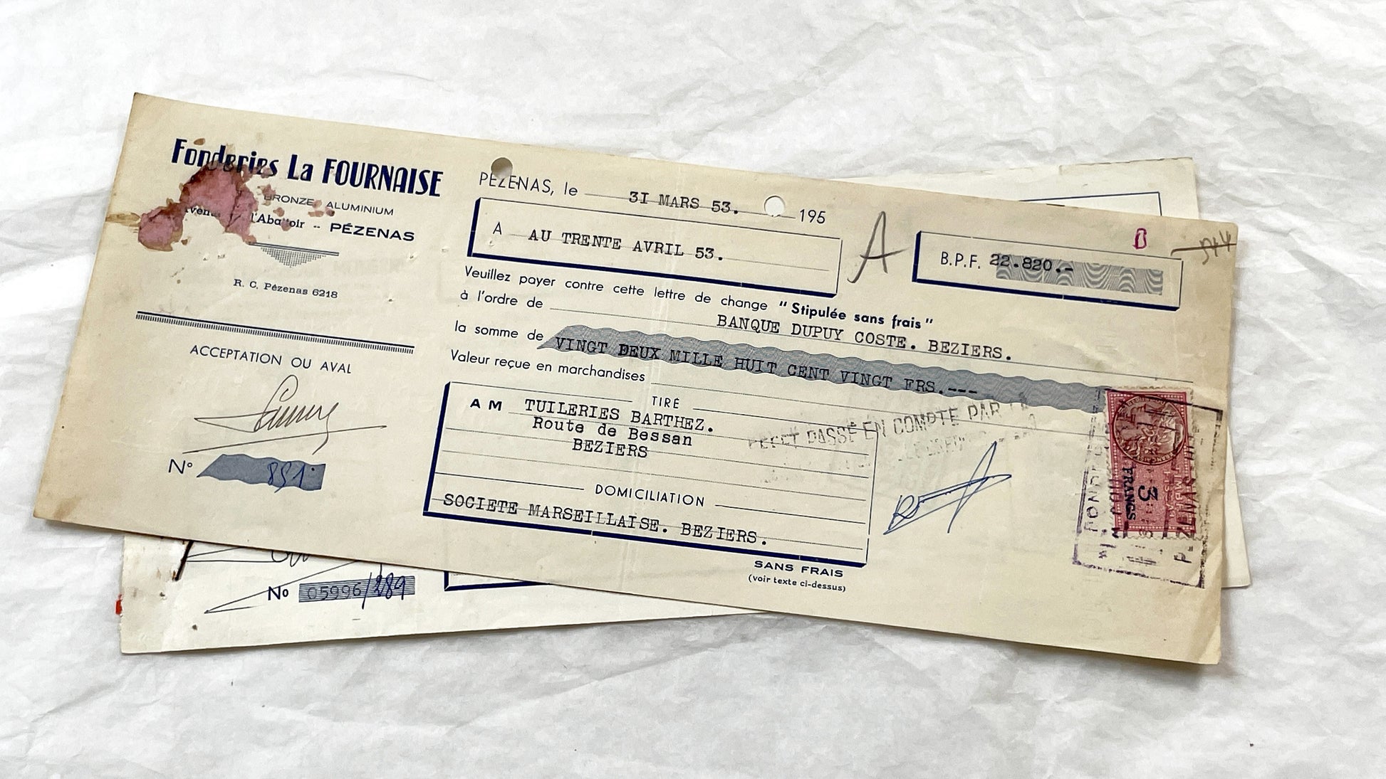 1950s - Lot of 6 Vintage French Bills of Exchange – Handwritten Commercial Documents with Stamps