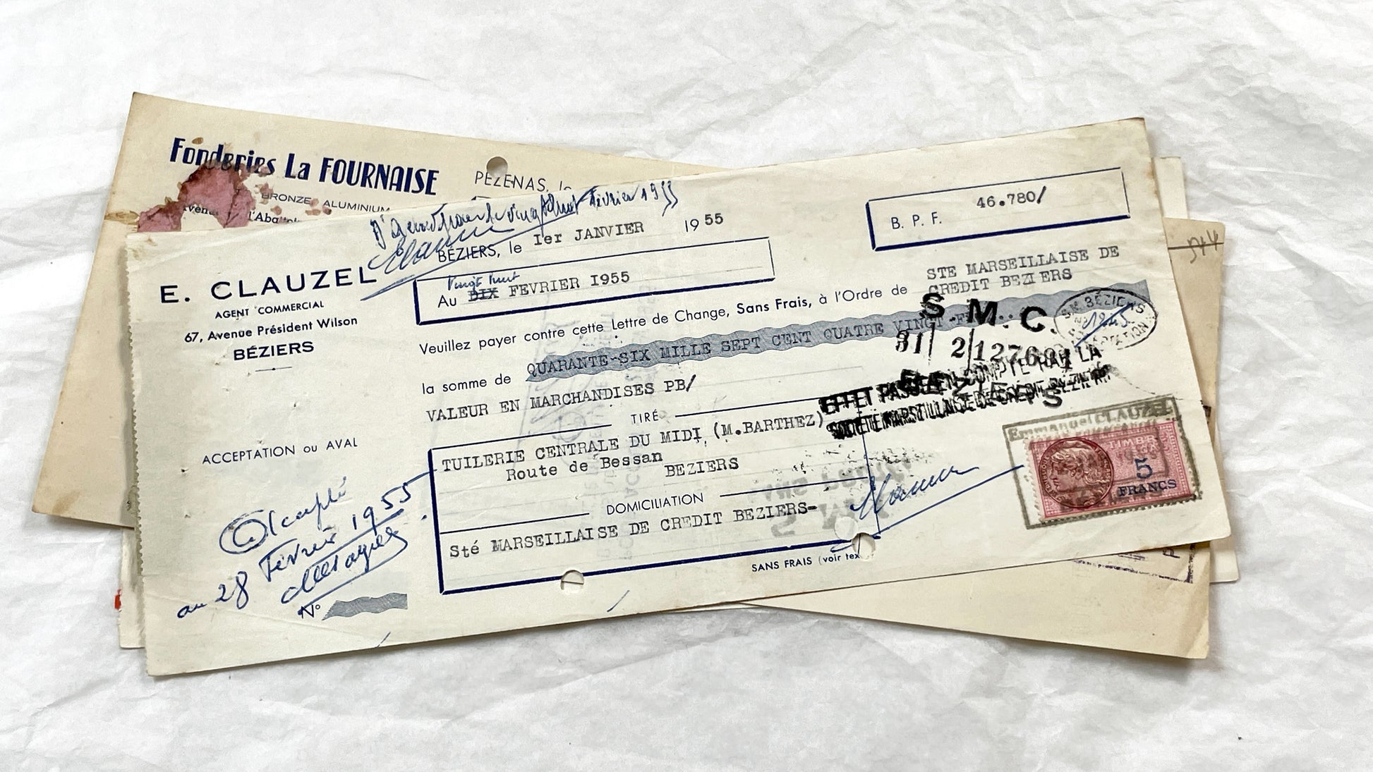 1950s - Lot of 6 Vintage French Bills of Exchange – Handwritten Commercial Documents with Stamps