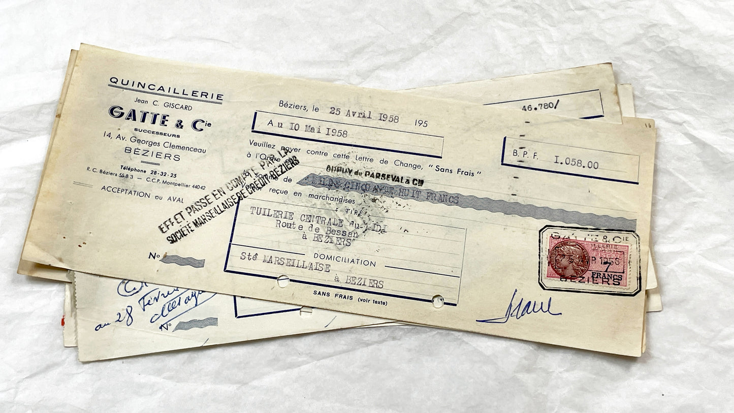 1950s - Lot of 6 Vintage French Bills of Exchange – Handwritten Commercial Documents with Stamps
