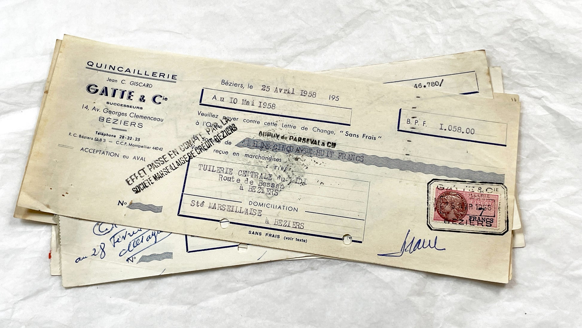 1950s - Lot of 6 Vintage French Bills of Exchange – Handwritten Commercial Documents with Stamps