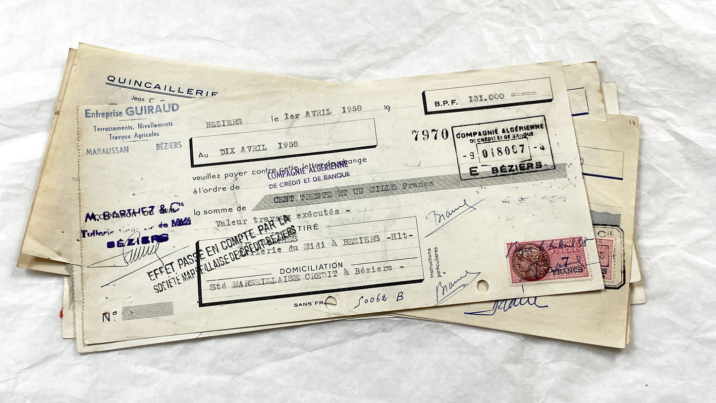 1950s - Lot of 6 Vintage French Bills of Exchange – Handwritten Commercial Documents with Stamps