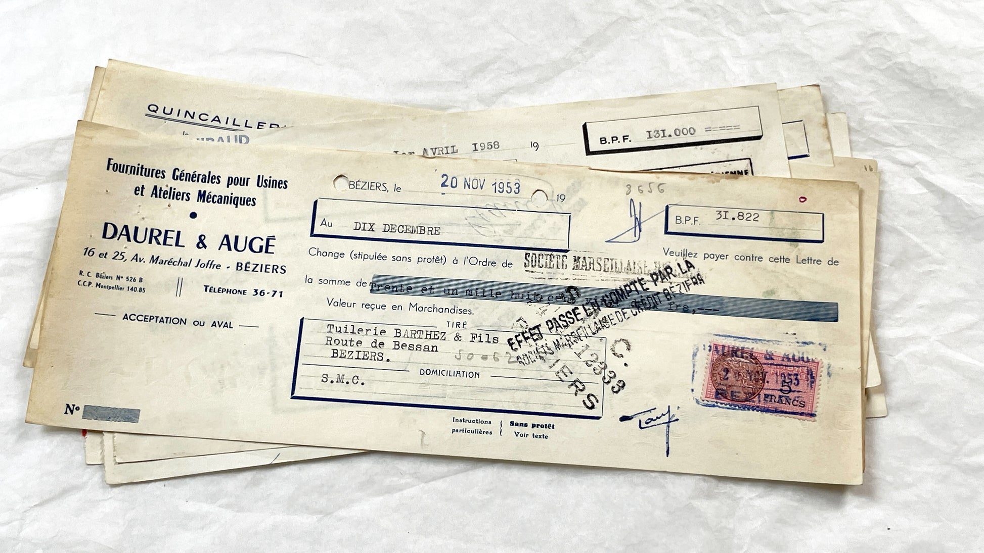 1950s - Lot of 6 Vintage French Bills of Exchange – Handwritten Commercial Documents with Stamps