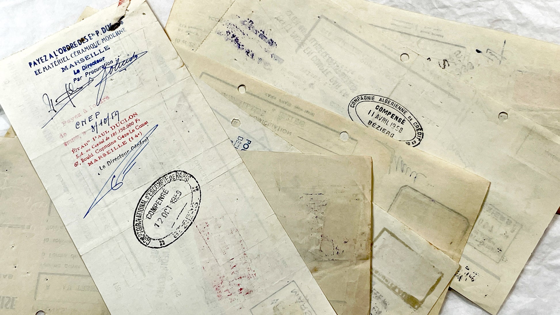 1950s - Lot of 6 Vintage French Bills of Exchange – Handwritten Commercial Documents with Stamps