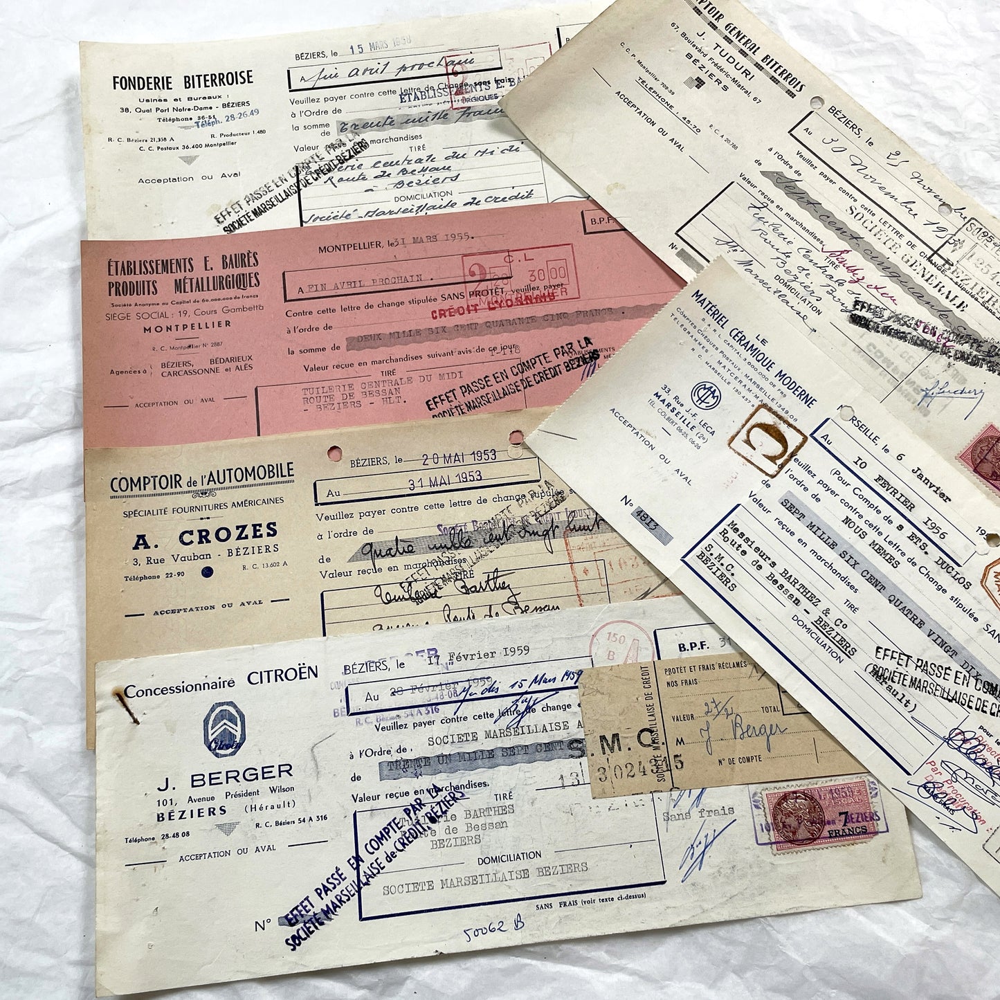 1950s - Lot of 6 Vintage French Bills of Exchange – Handwritten Commercial Documents with Stamps