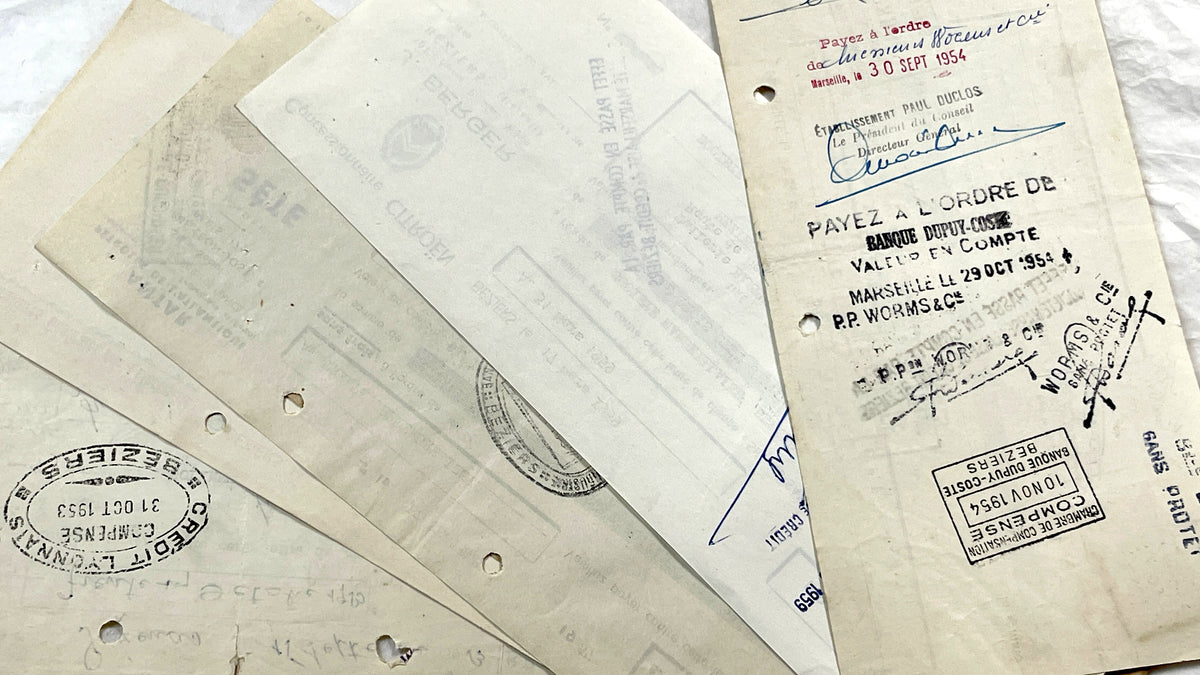 1950s - Lot of 6 Vintage French Bills of Exchange – Handwritten Commercial Documents with Stamps
