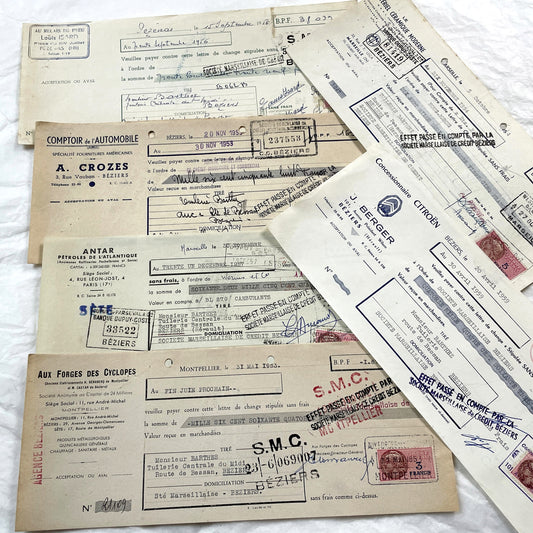 1950s - Lot of 6 Vintage French Bills of Exchange – Handwritten Commercial Documents with Stamps
