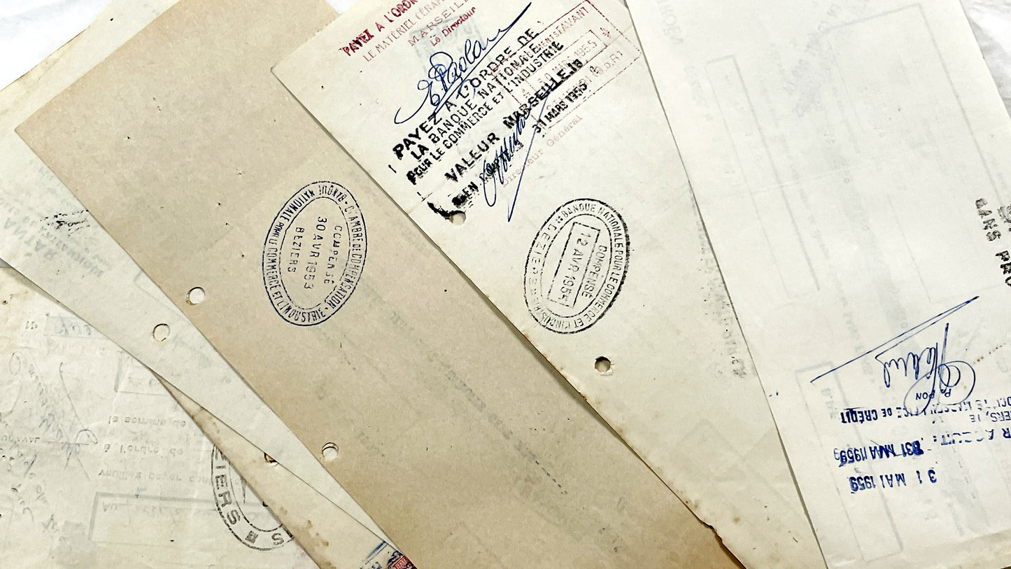 1950s - Lot of 6 Vintage French Bills of Exchange – Handwritten Commercial Documents with Stamps