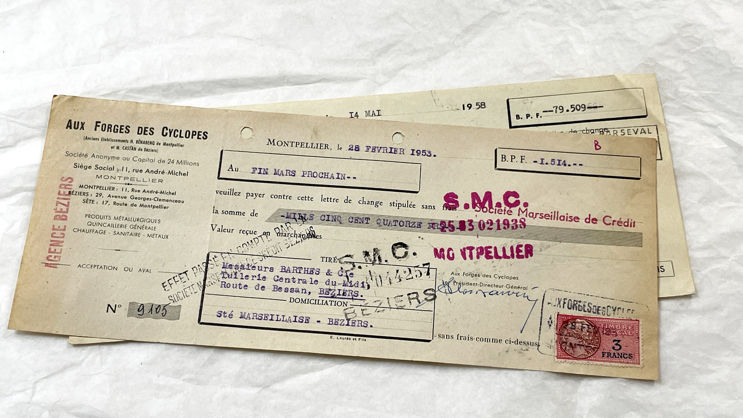 1950s - Lot of 6 Vintage French Bills of Exchange – Handwritten Commercial Documents with Stamps
