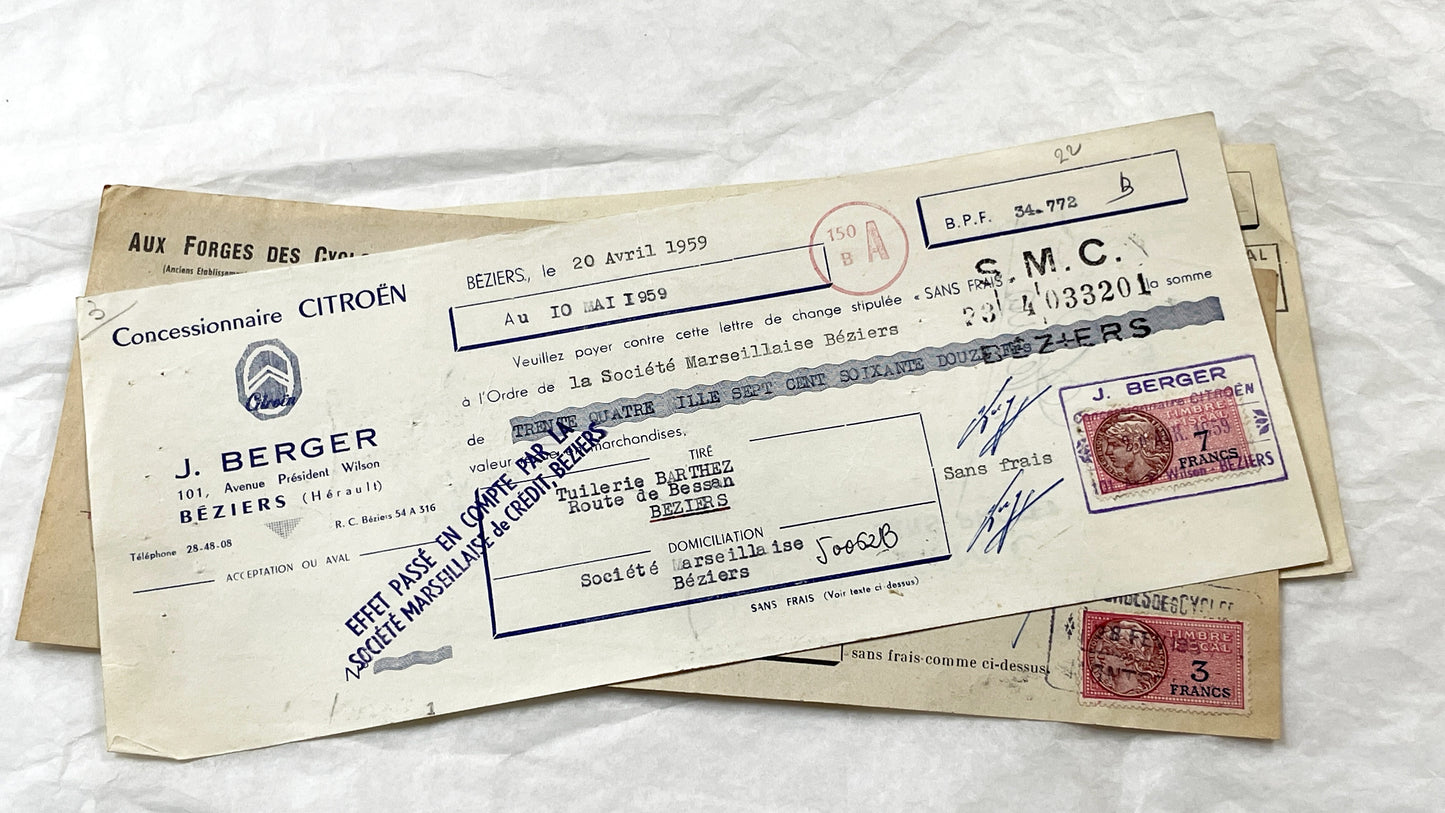 1950s - Lot of 6 Vintage French Bills of Exchange – Handwritten Commercial Documents with Stamps