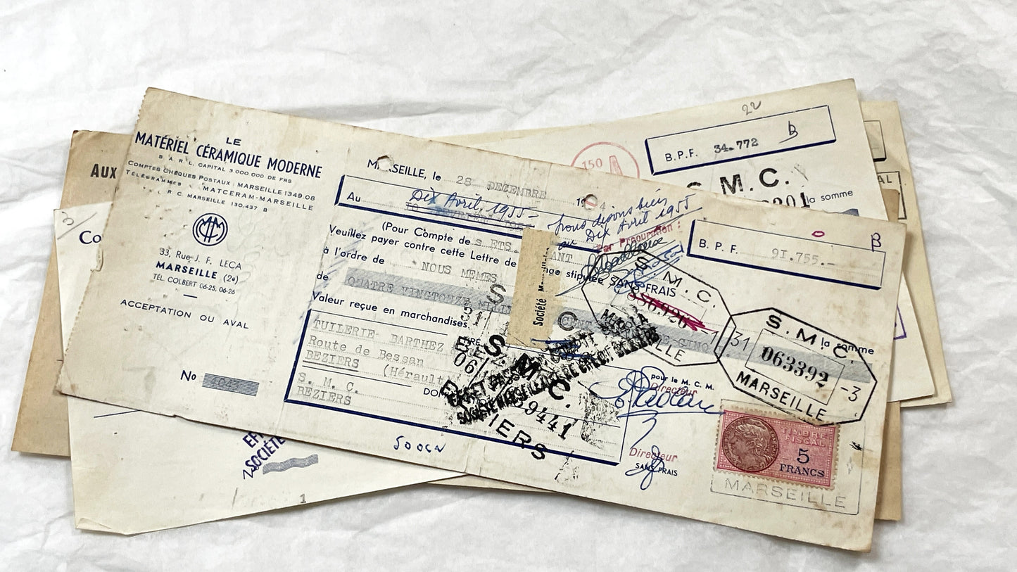 1950s - Lot of 6 Vintage French Bills of Exchange – Handwritten Commercial Documents with Stamps