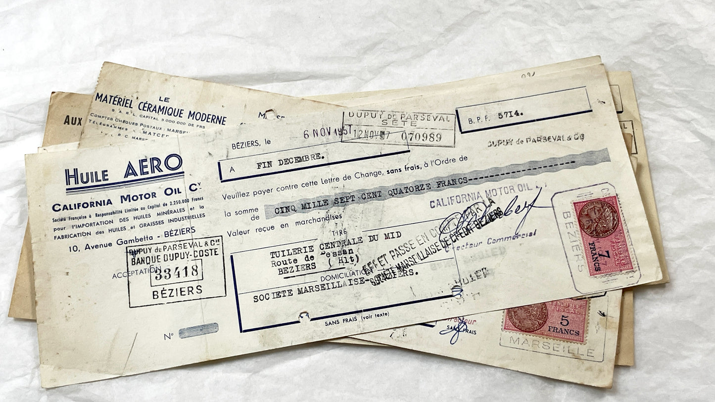 1950s - Lot of 6 Vintage French Bills of Exchange – Handwritten Commercial Documents with Stamps