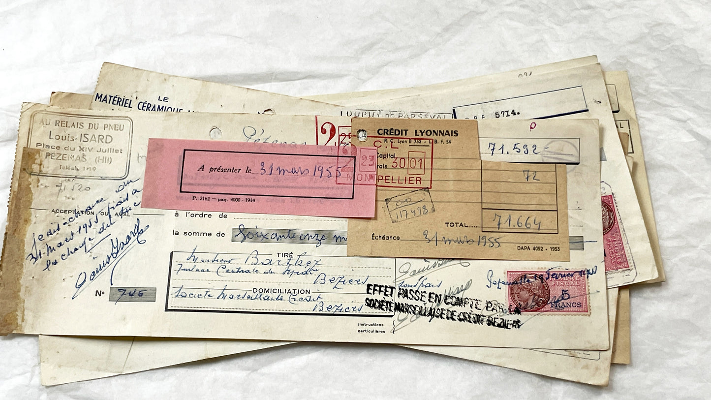 1950s - Lot of 6 Vintage French Bills of Exchange – Handwritten Commercial Documents with Stamps