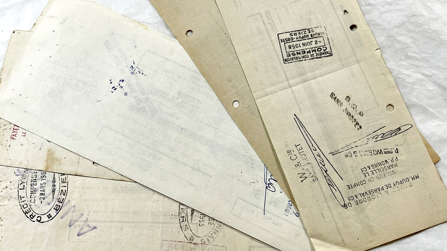 1950s - Lot of 6 Vintage French Bills of Exchange – Handwritten Commercial Documents with Stamps