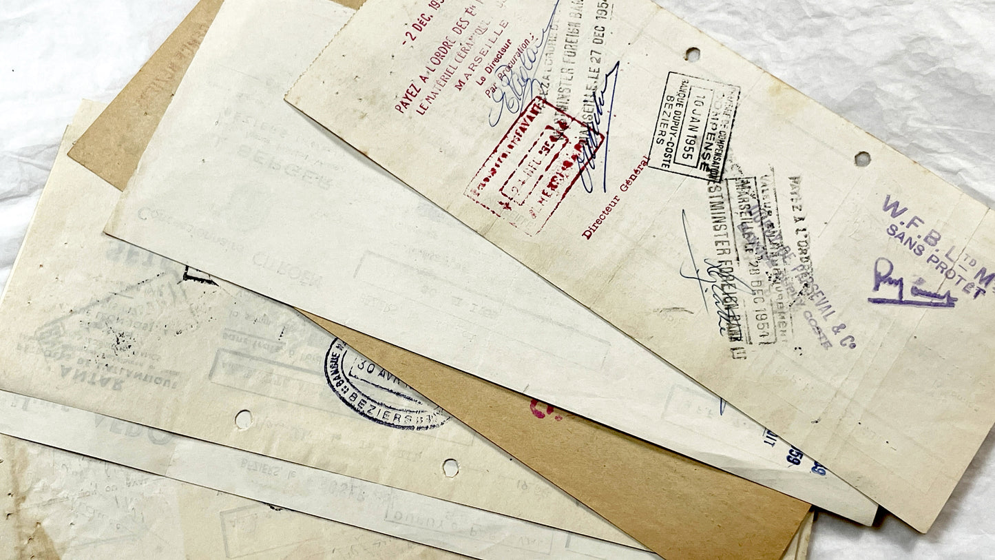 1950s - Lot of 6 Vintage French Bills of Exchange – Handwritten Commercial Documents with Stamps