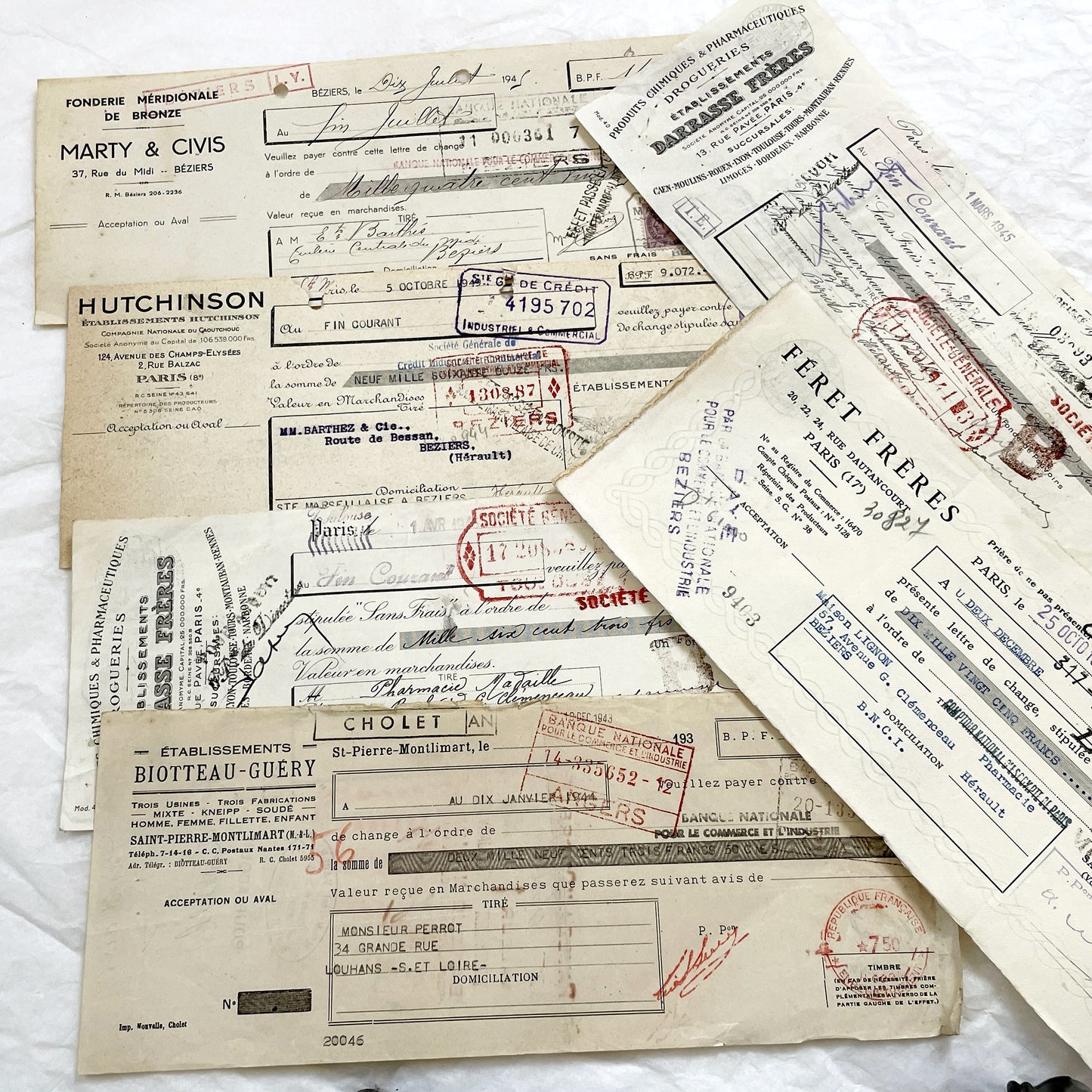 1940s - Lot of 6 Vintage French Bills of Exchange – Handwritten Commercial Documents with Stamps