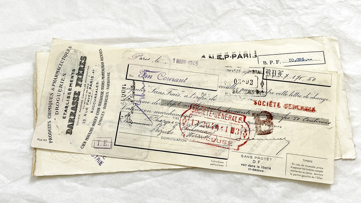 1940s - Lot of 6 Vintage French Bills of Exchange – Handwritten Commercial Documents with Stamps