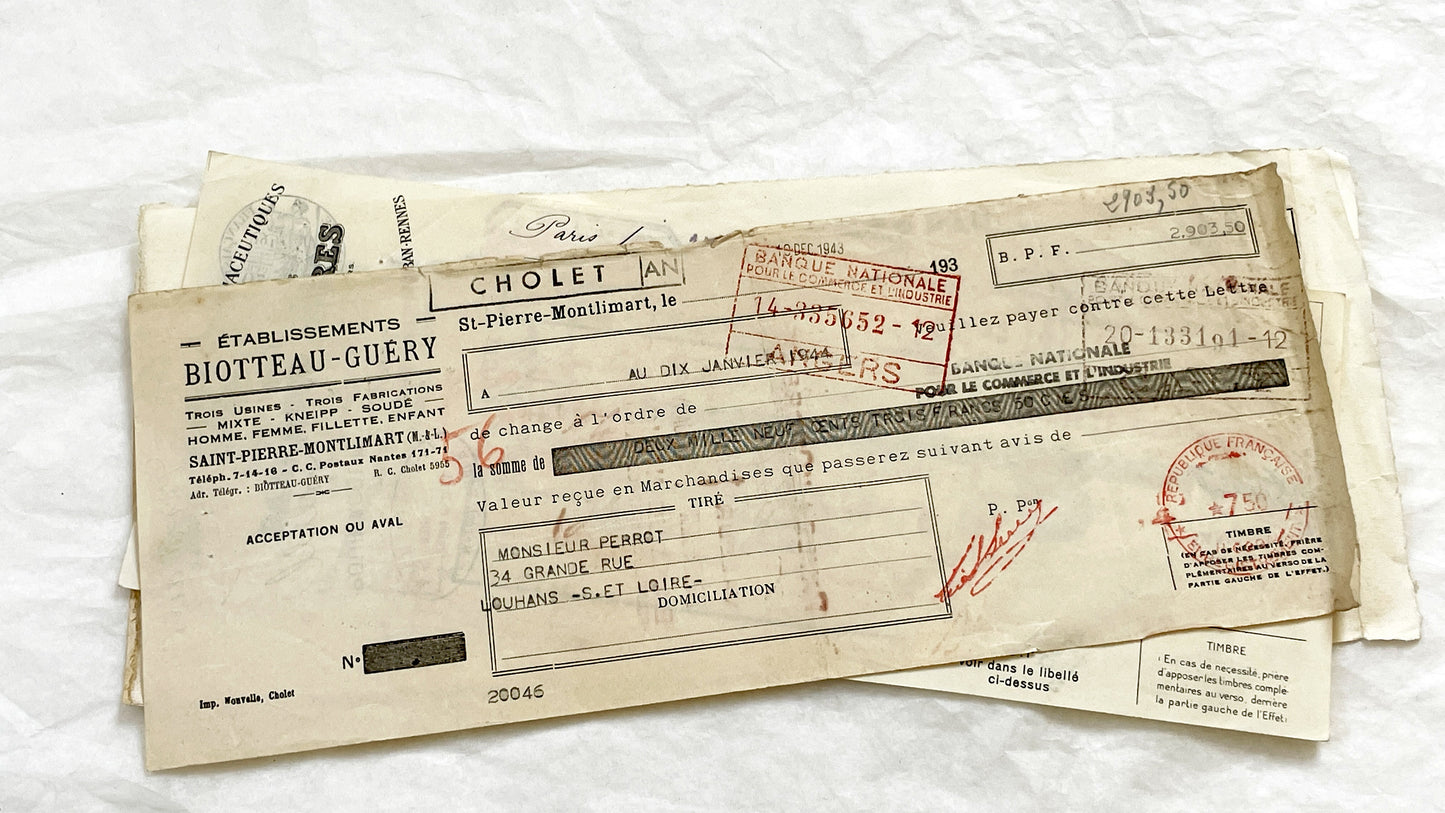 1940s - Lot of 6 Vintage French Bills of Exchange – Handwritten Commercial Documents with Stamps