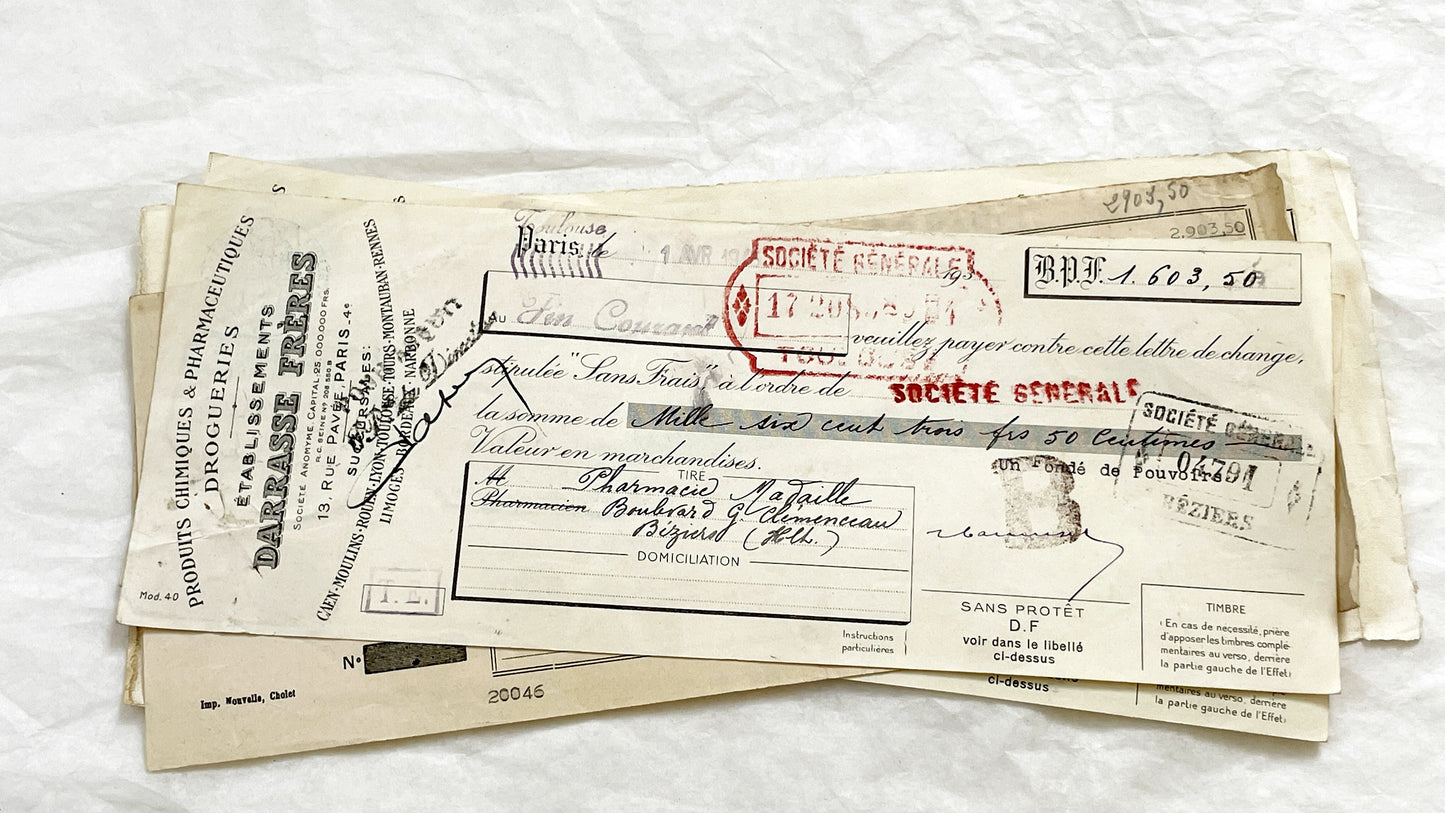 1940s - Lot of 6 Vintage French Bills of Exchange – Handwritten Commercial Documents with Stamps
