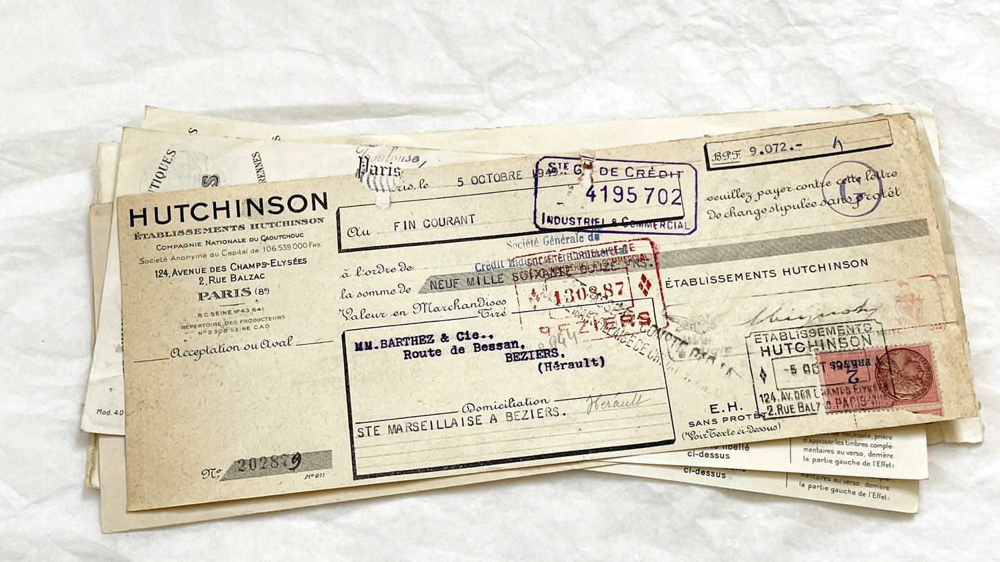 1940s - Lot of 6 Vintage French Bills of Exchange – Handwritten Commercial Documents with Stamps