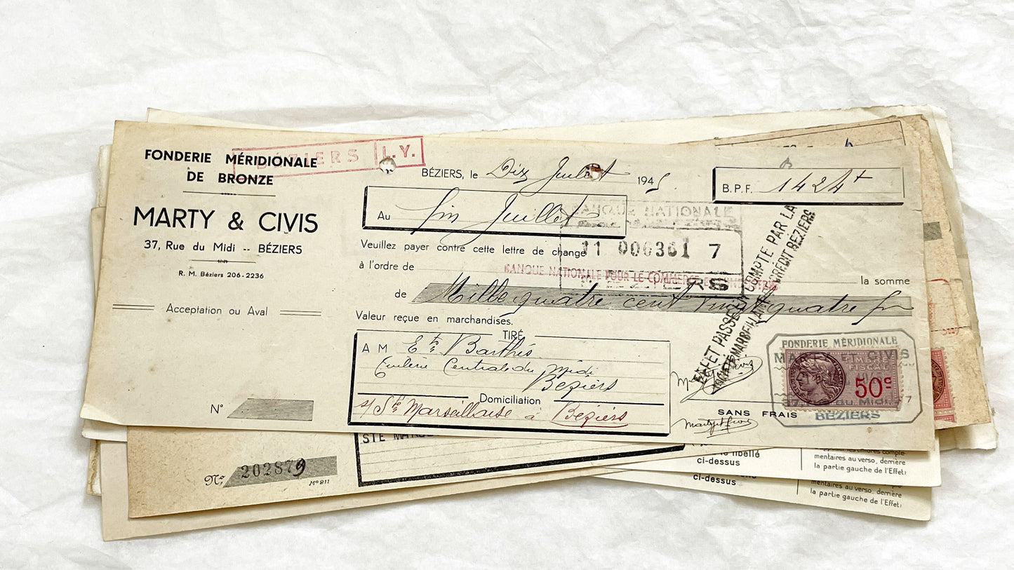 1940s - Lot of 6 Vintage French Bills of Exchange – Handwritten Commercial Documents with Stamps