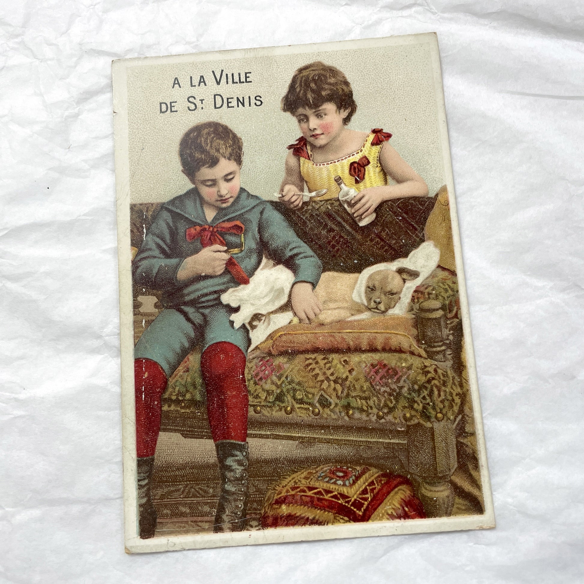 19th-Century French Chromo Print - Children Nursing Sick Dog - Charming Vintage Advertising for St Denis - Antique Domestic Scene
