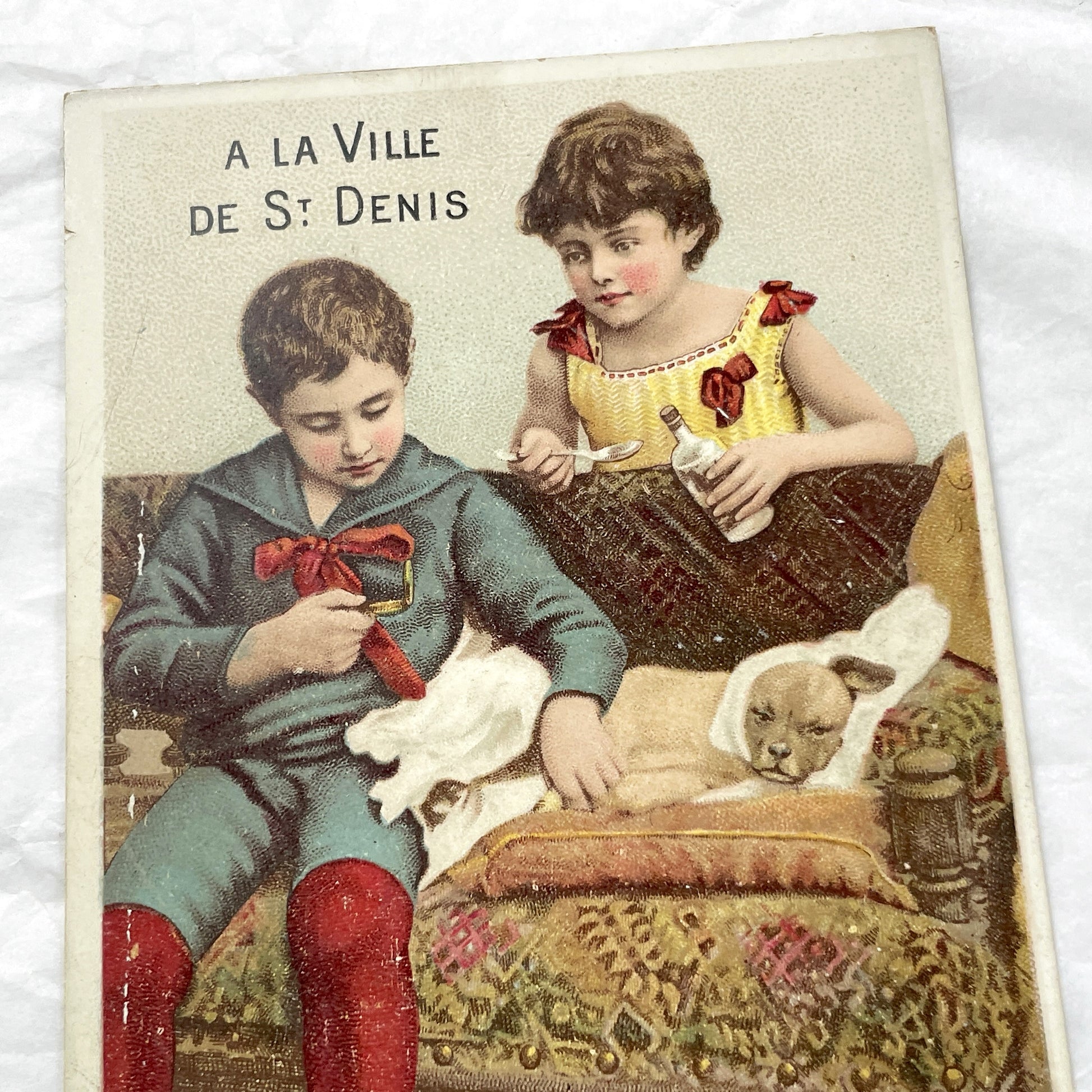 19th-Century French Chromo Print - Children Nursing Sick Dog - Charming Vintage Advertising for St Denis - Antique Domestic Scene