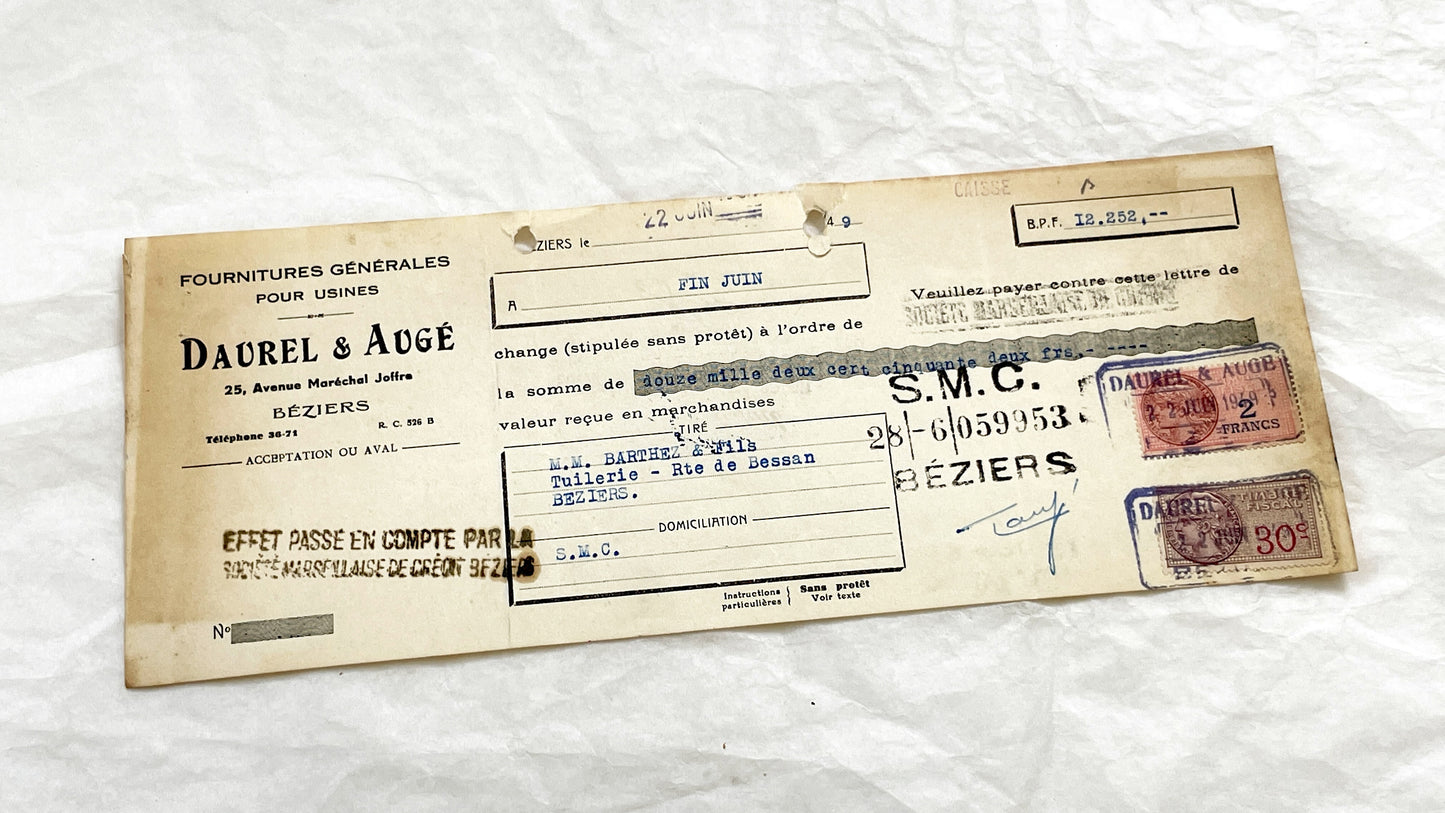 1940s - Lot of 6 Vintage French Bills of Exchange – Handwritten Commercial Documents with Stamps