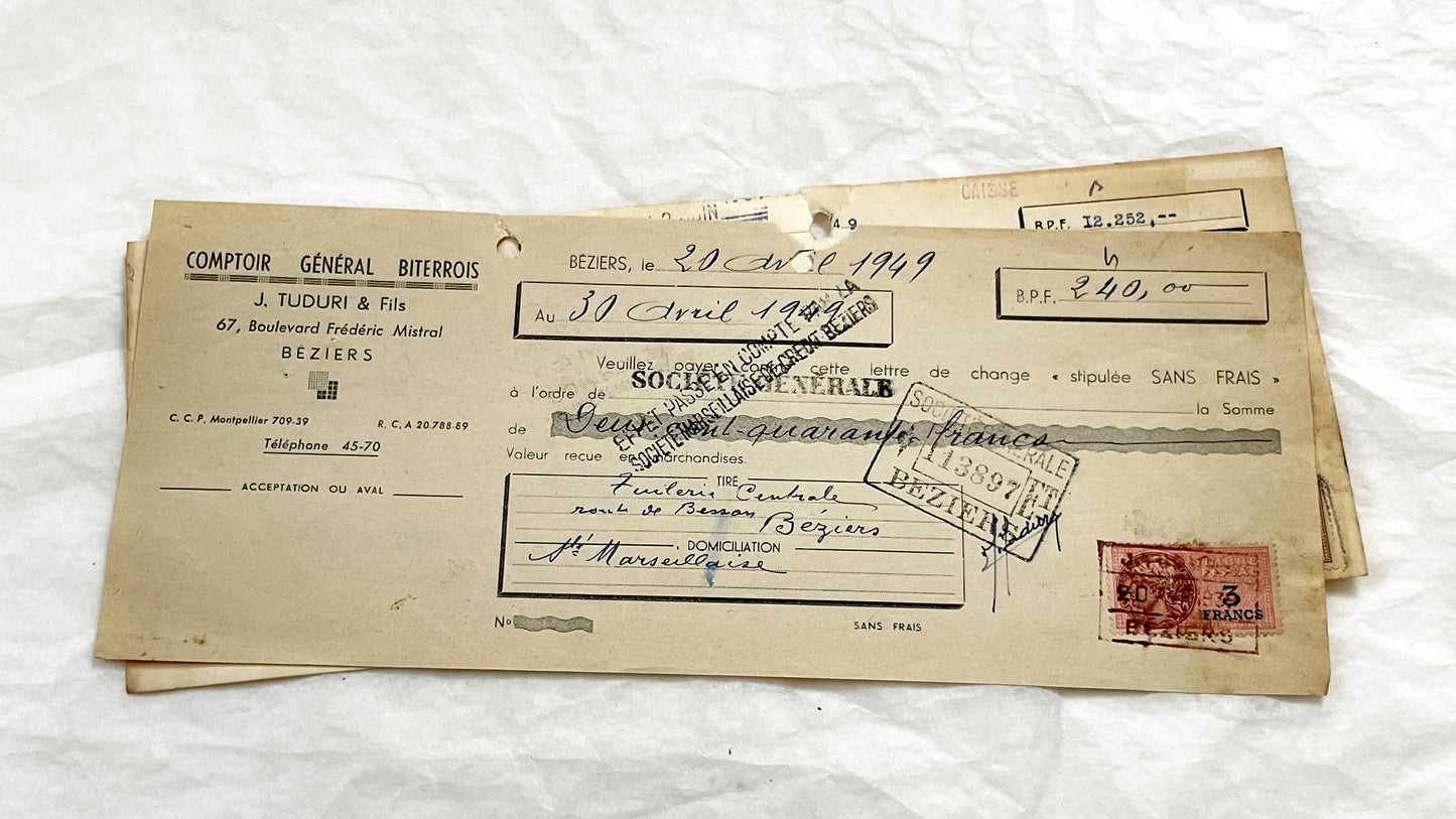 1940s - Lot of 6 Vintage French Bills of Exchange – Handwritten Commercial Documents with Stamps