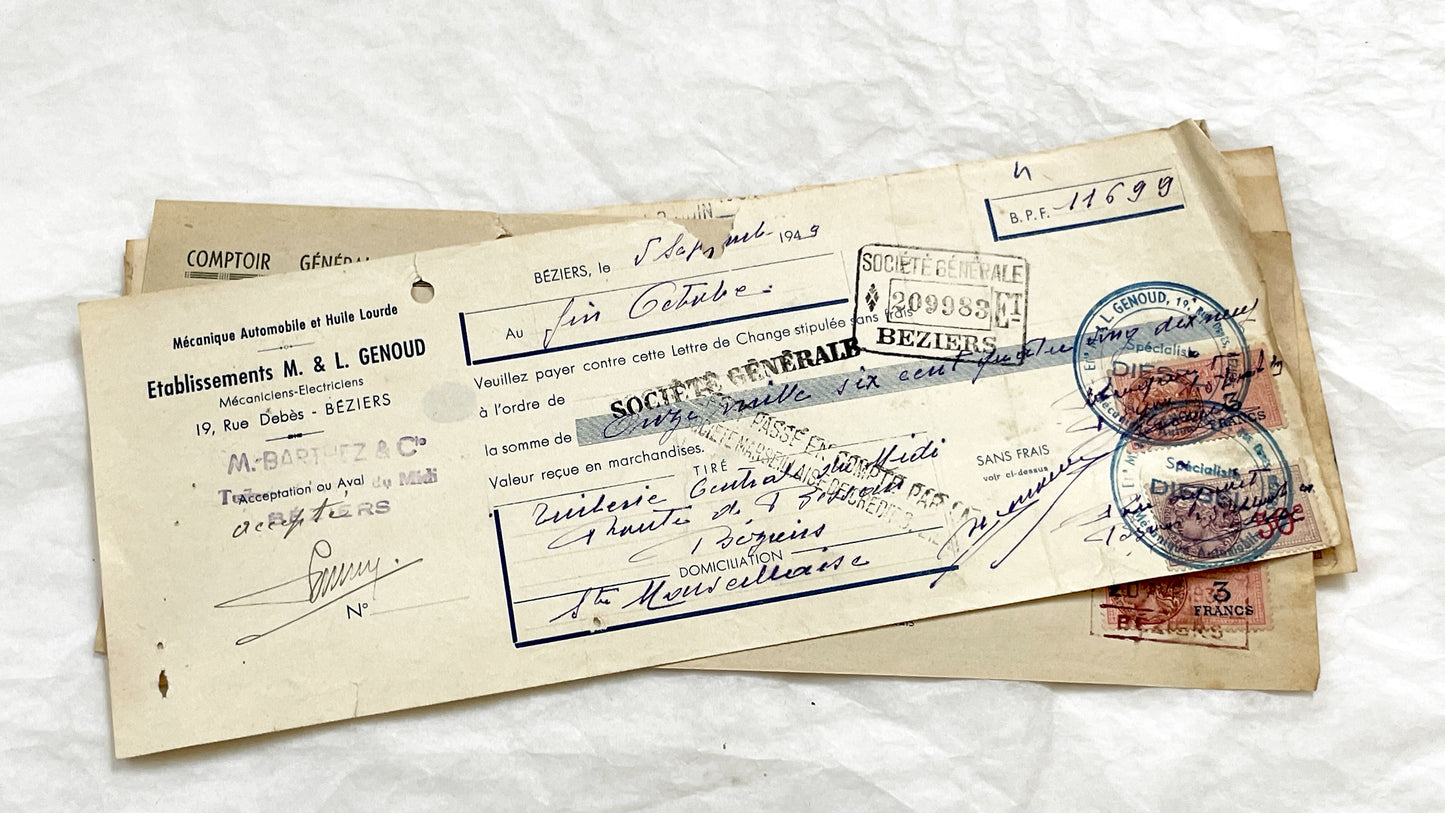 1940s - Lot of 6 Vintage French Bills of Exchange – Handwritten Commercial Documents with Stamps