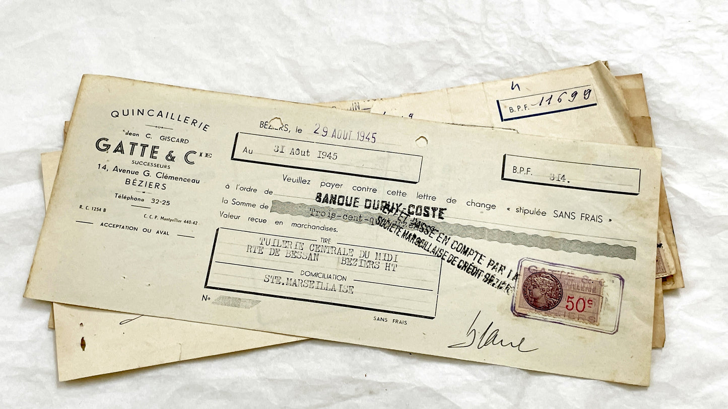 1940s - Lot of 6 Vintage French Bills of Exchange – Handwritten Commercial Documents with Stamps