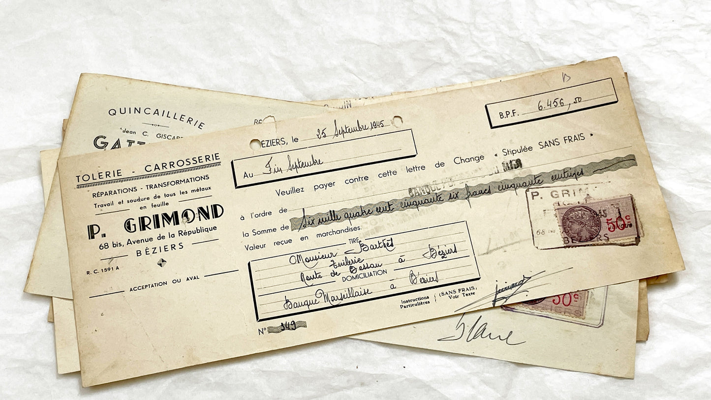 1940s - Lot of 6 Vintage French Bills of Exchange – Handwritten Commercial Documents with Stamps