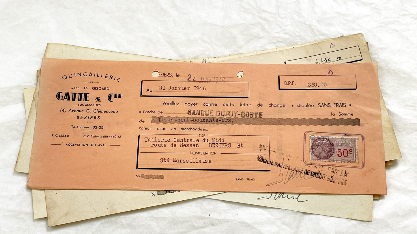 1940s - Lot of 6 Vintage French Bills of Exchange – Handwritten Commercial Documents with Stamps