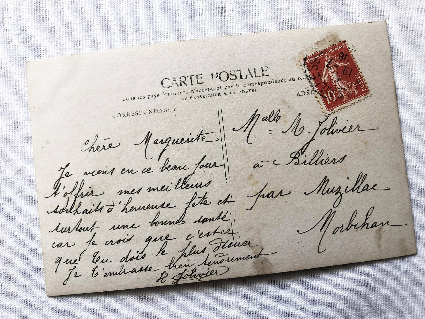 1900s - Vintage French Bonne Fête Postcard - July 20 Saint Marguerite Name Day - Elegant Edwardian Woman with Flowers - Floral Art Nouveau