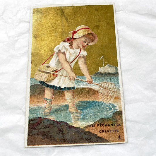 Late 19th - Antique French Chromos - Set of Four Vintage Children Beach Seaside Gold Background Illustrations - Collectible Art Print
