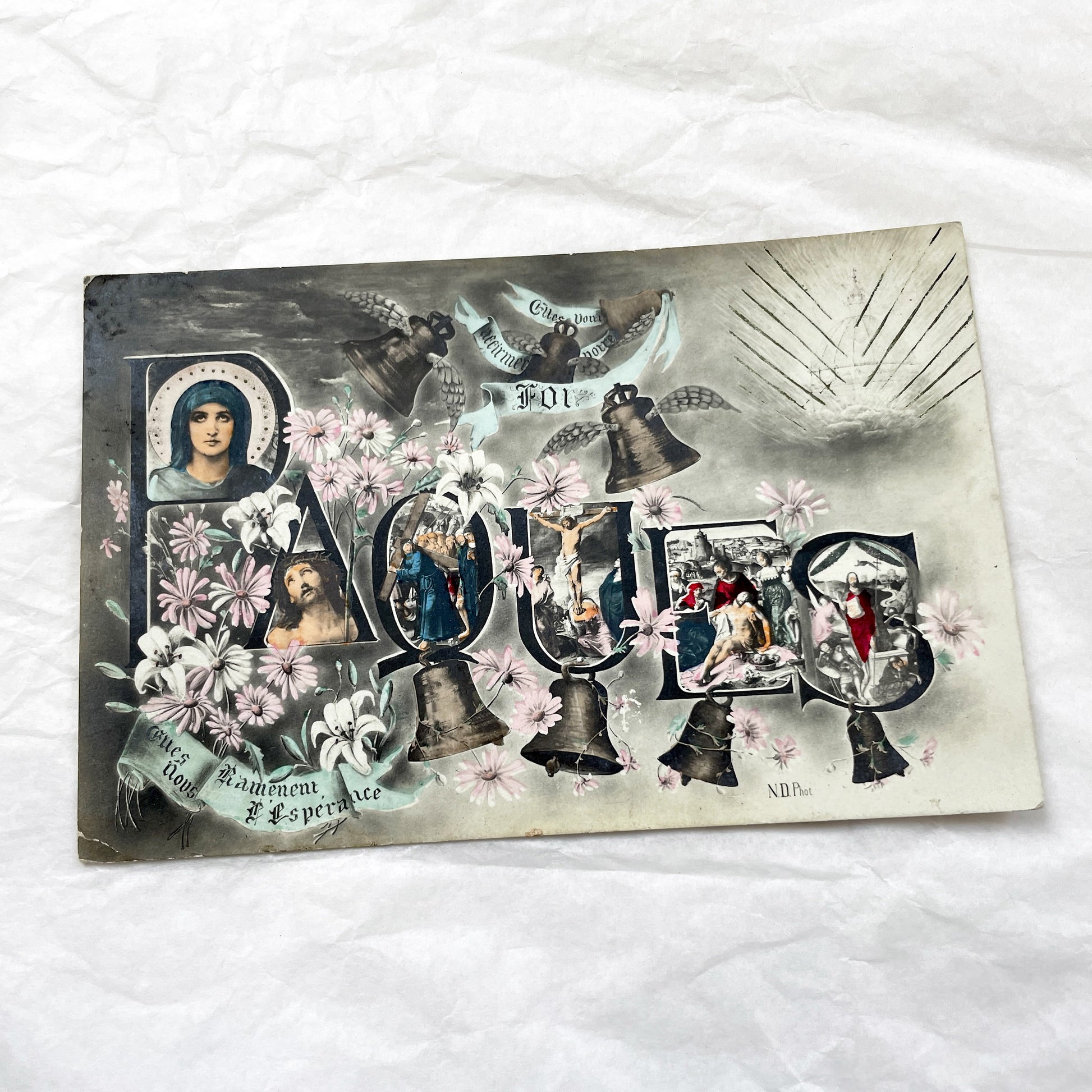 1900s - Easter Postcard - French Christian Religious Card - Passion of Christ - Blessed Virgin Mary - Vintage Church Bells - Holy Week Theme