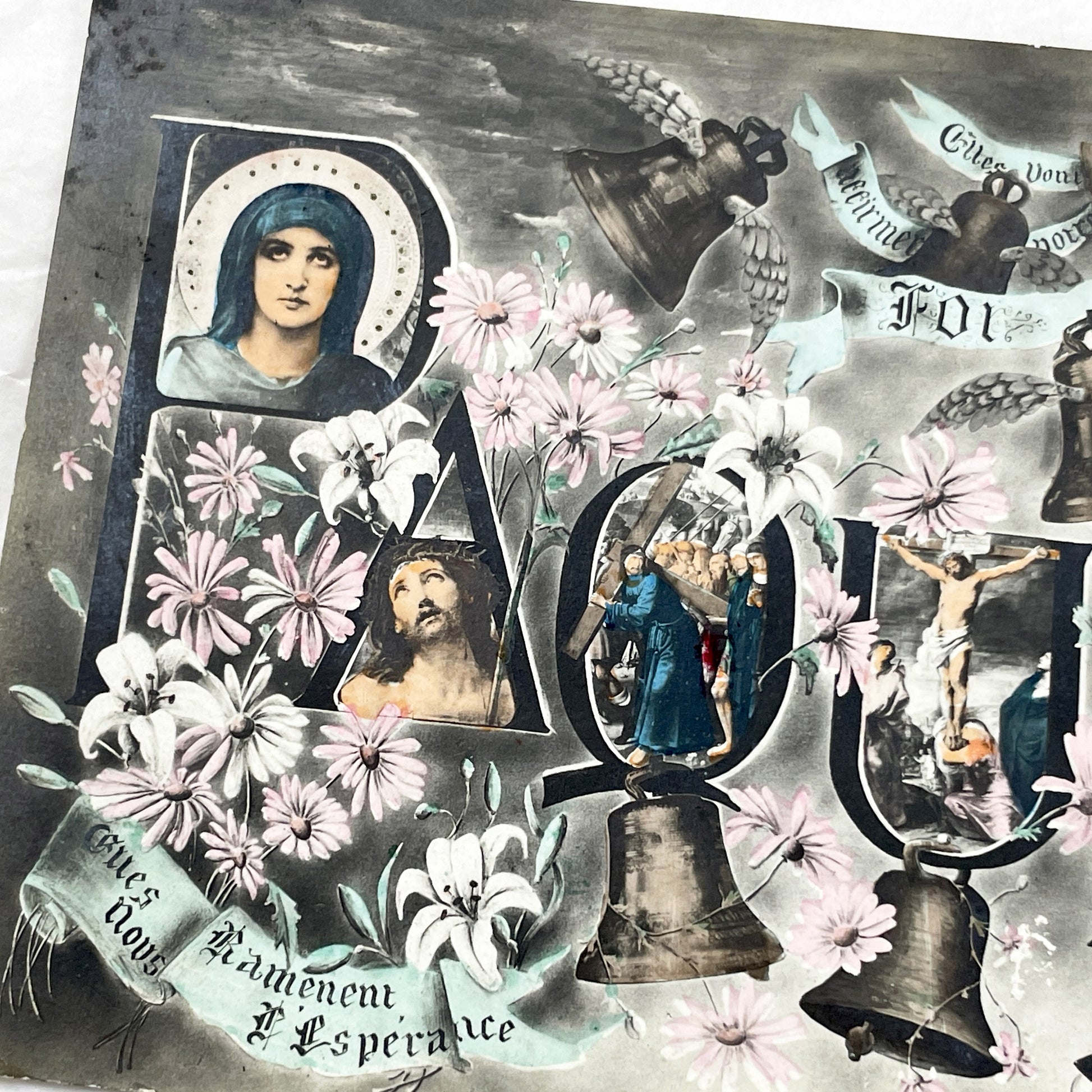 1900s - Easter Postcard - French Christian Religious Card - Passion of Christ - Blessed Virgin Mary - Vintage Church Bells - Holy Week Theme