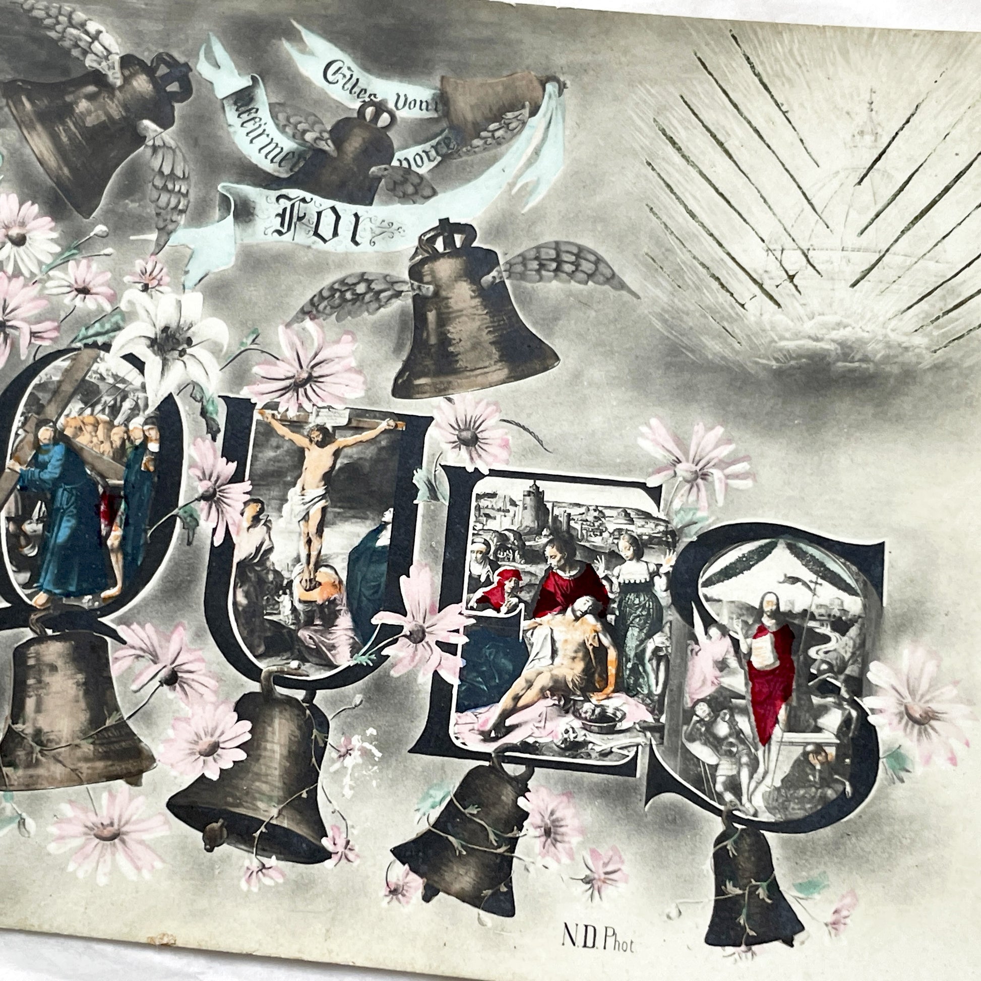 1900s - Easter Postcard - French Christian Religious Card - Passion of Christ - Blessed Virgin Mary - Vintage Church Bells - Holy Week Theme