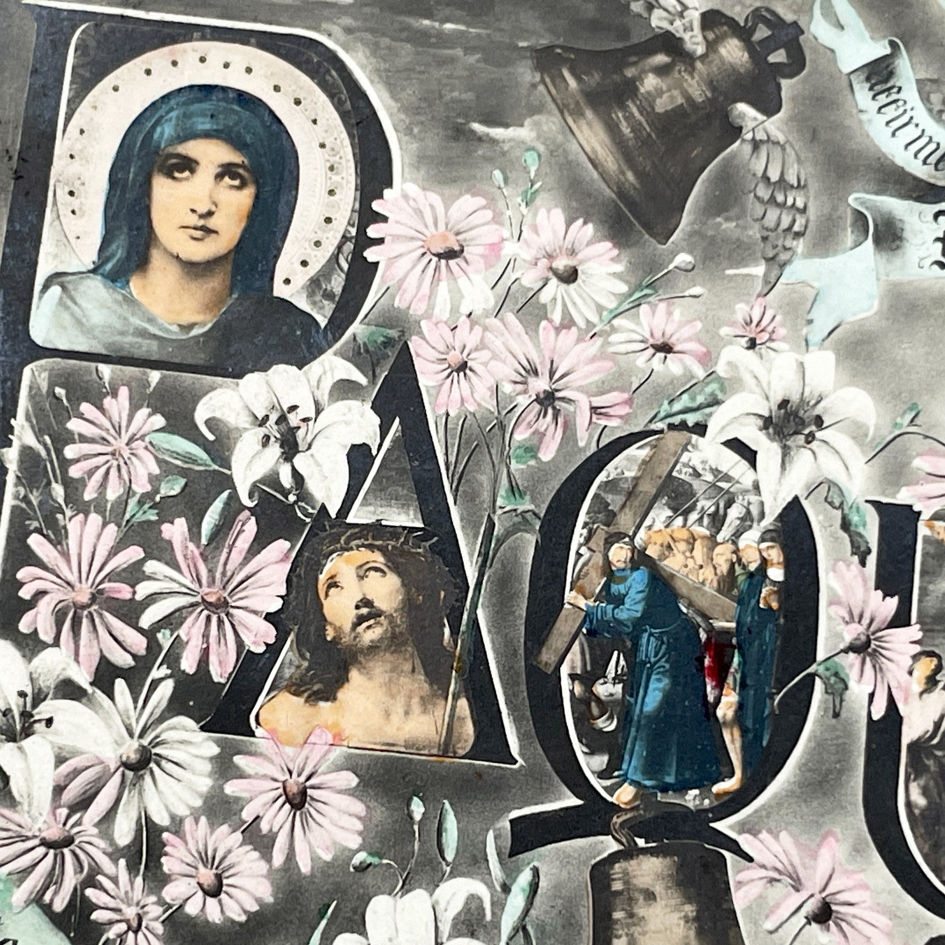 1900s - Easter Postcard - French Christian Religious Card - Passion of Christ - Blessed Virgin Mary - Vintage Church Bells - Holy Week Theme