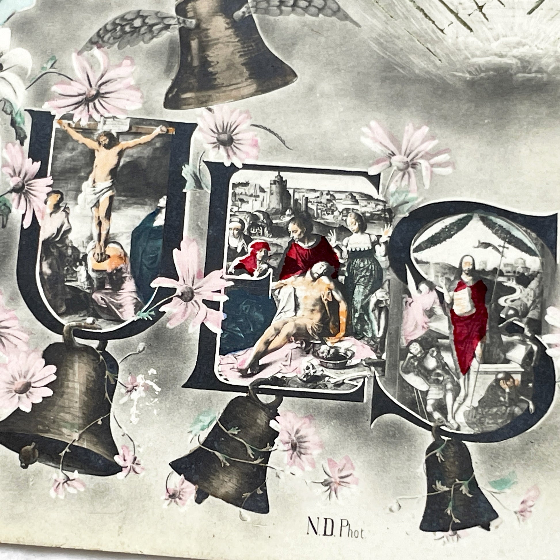 1900s - Easter Postcard - French Christian Religious Card - Passion of Christ - Blessed Virgin Mary - Vintage Church Bells - Holy Week Theme