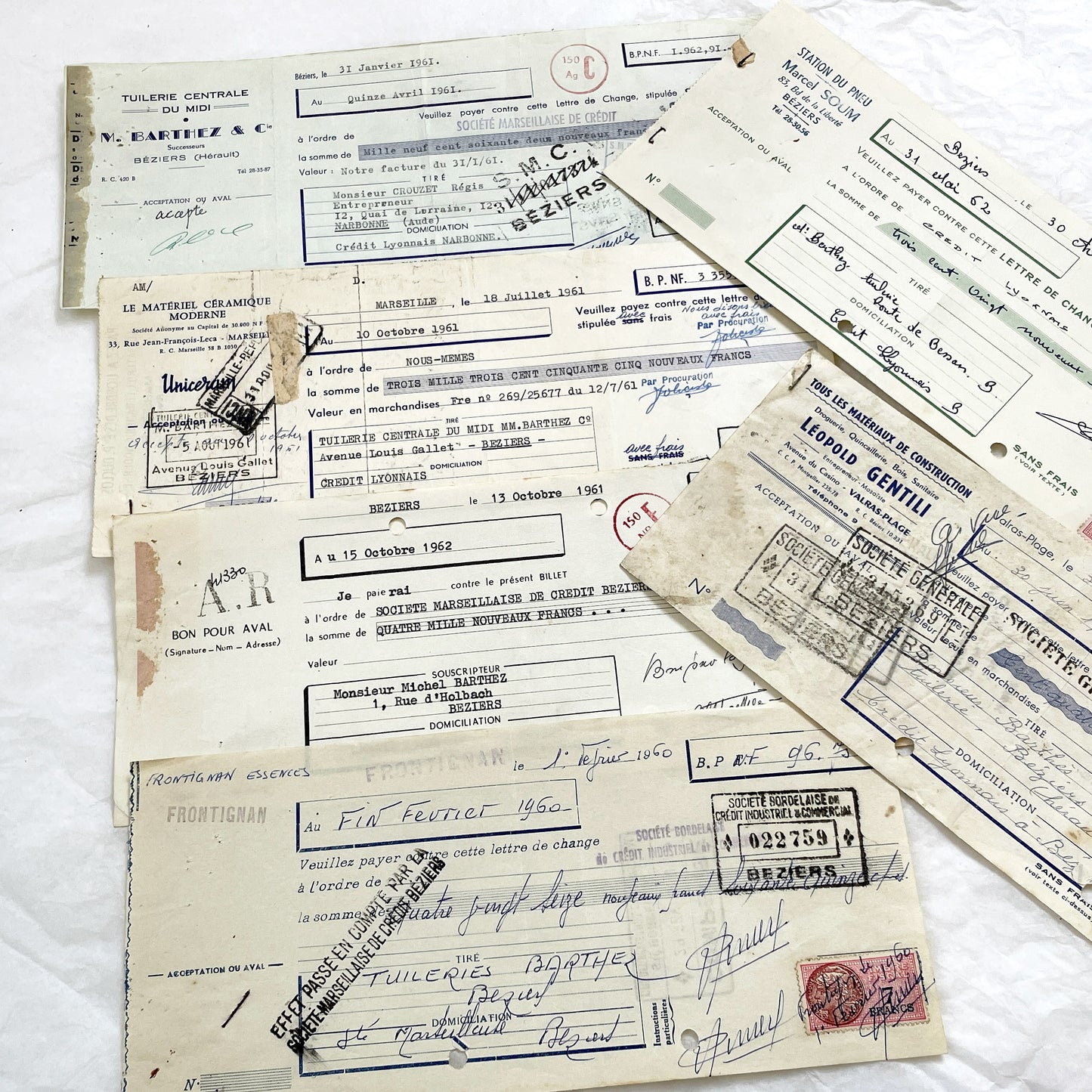 1650s - Lot of 6 Vintage French Bills of Exchange – Handwritten Commercial Documents with Stamps