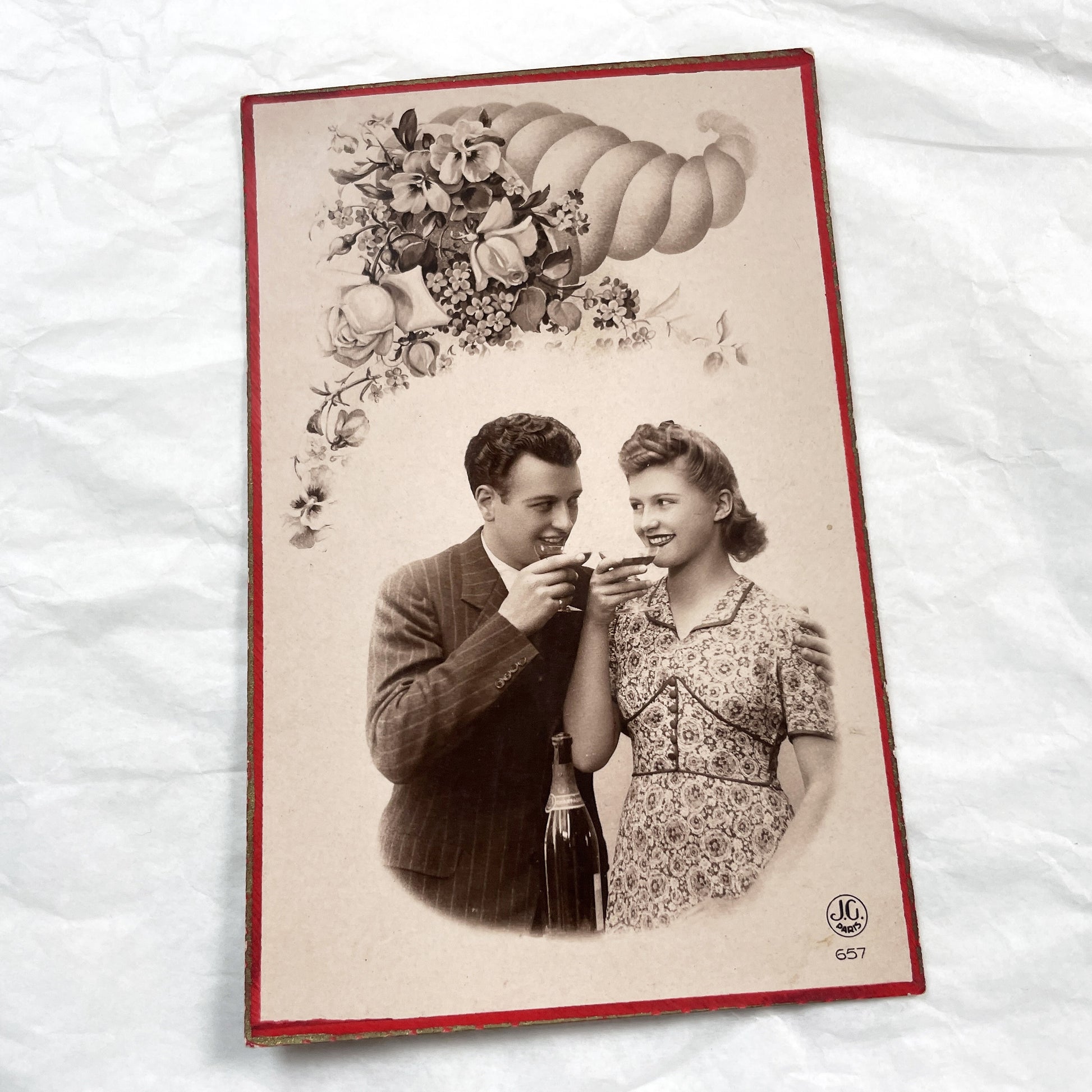 1940s - French Postcard - Romantic Couple Toasting - Cornucopia Abundance - Elegant Sepia Art - Celebratory Decor - Parisian Publisher