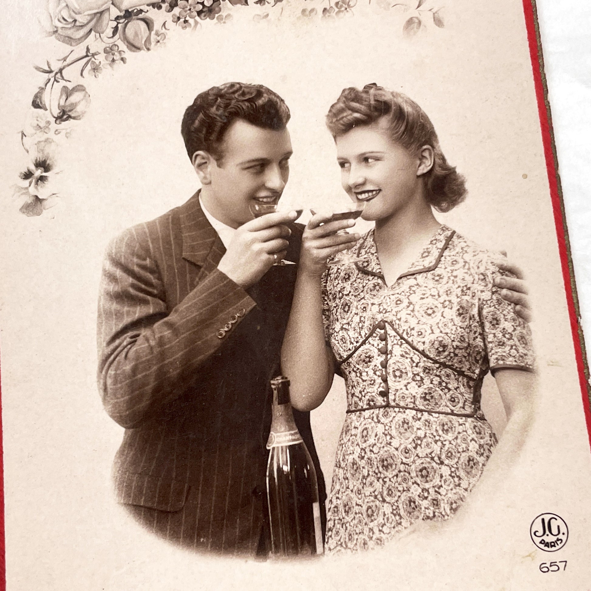1940s - French Postcard - Romantic Couple Toasting - Cornucopia Abundance - Elegant Sepia Art - Celebratory Decor - Parisian Publisher