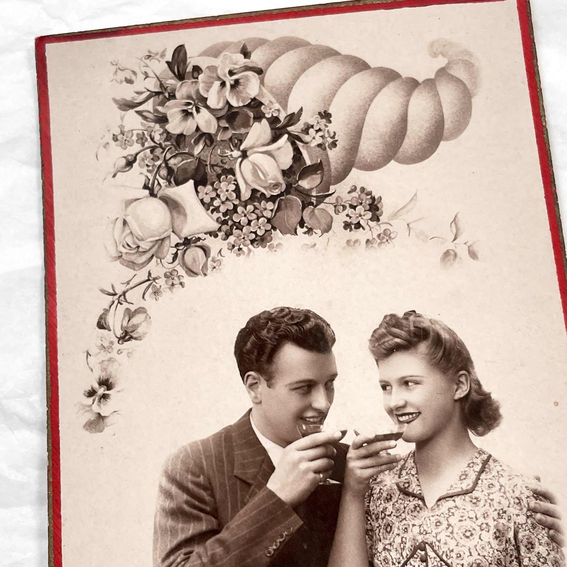 1940s - French Postcard - Romantic Couple Toasting - Cornucopia Abundance - Elegant Sepia Art - Celebratory Decor - Parisian Publisher