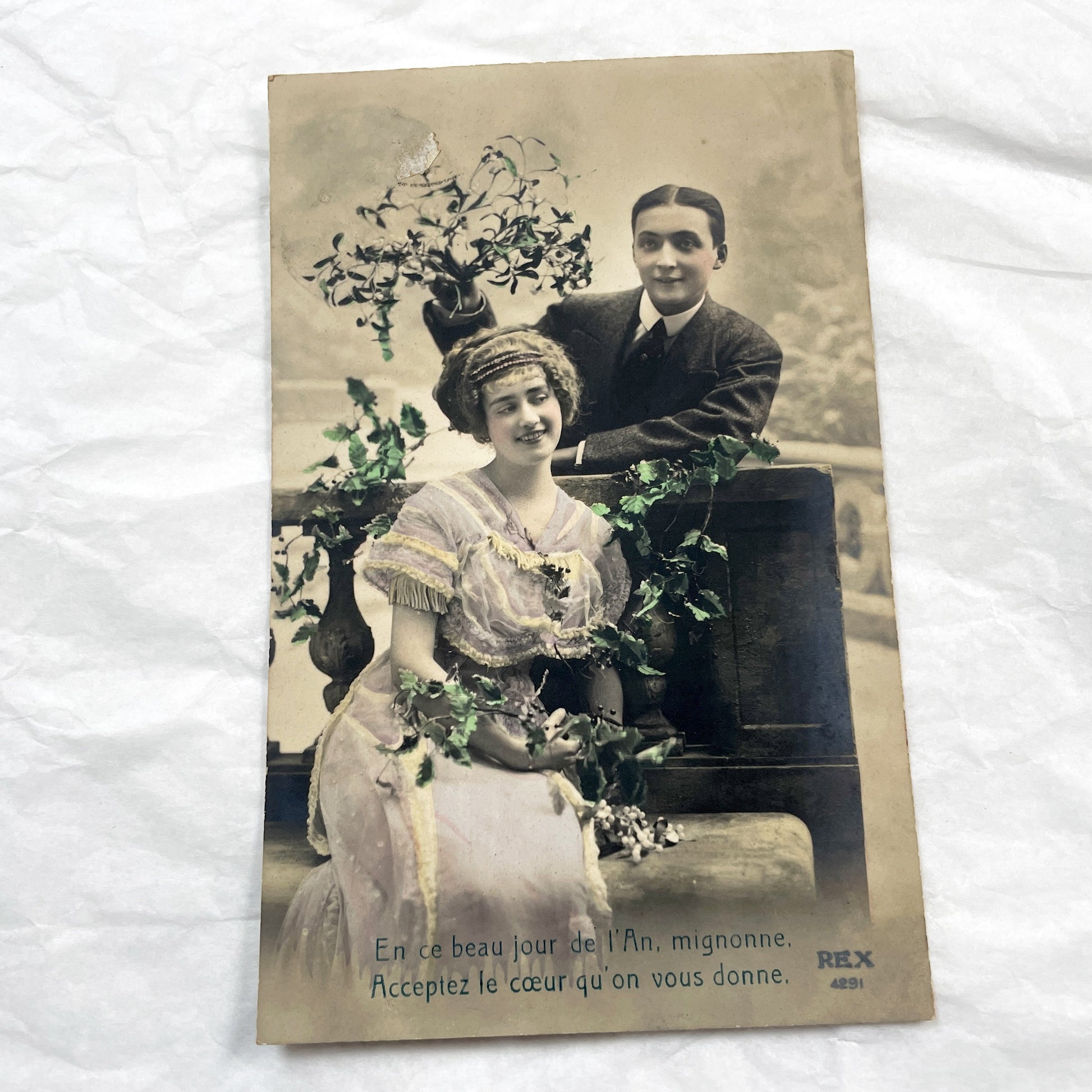 1910s - Vintage French New Year Postcard - Hand Tinted Romantic Couple - Antique Ephemera Greeting Card - Sentimental Gift