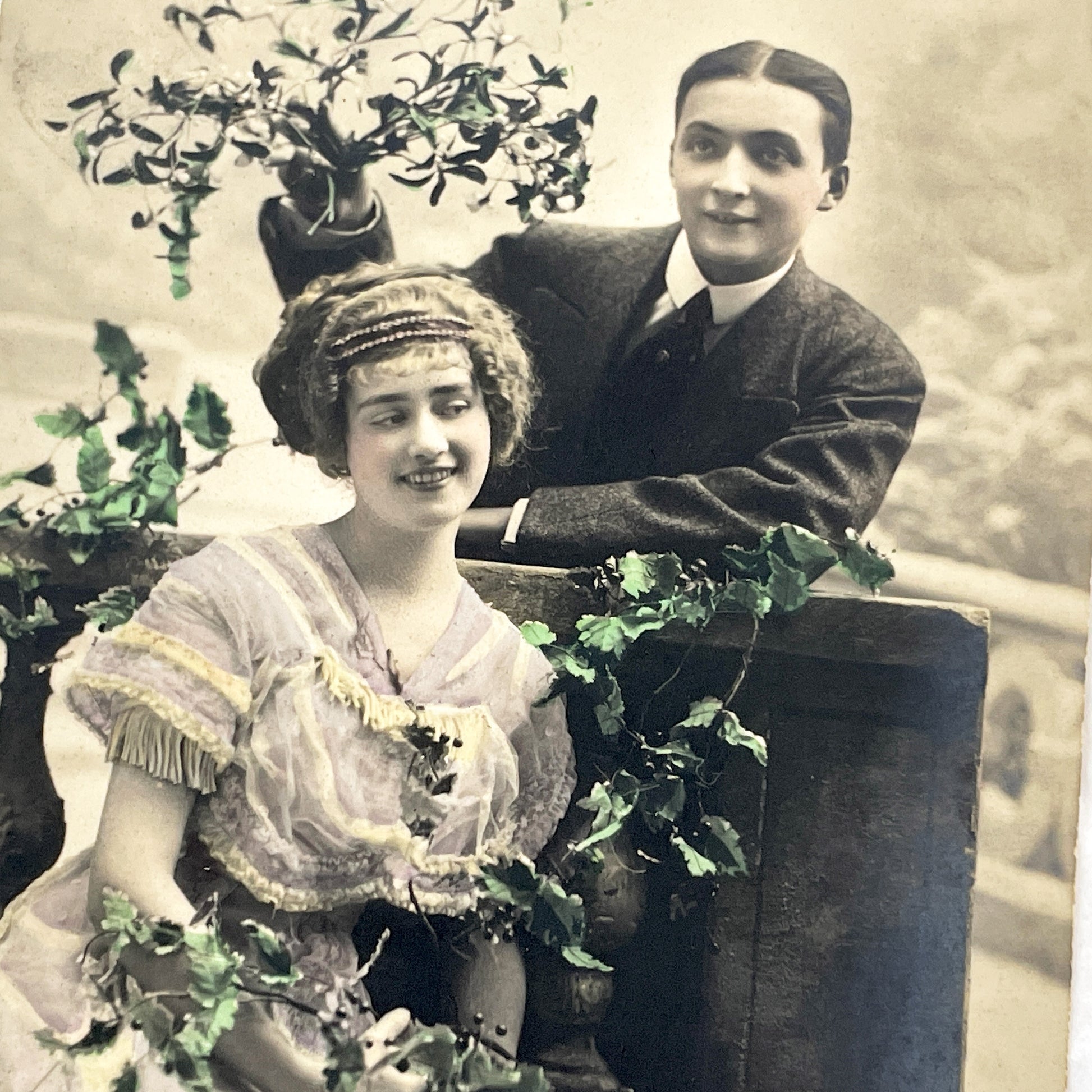 1910s - Vintage French New Year Postcard - Hand Tinted Romantic Couple - Antique Ephemera Greeting Card - Sentimental Gift